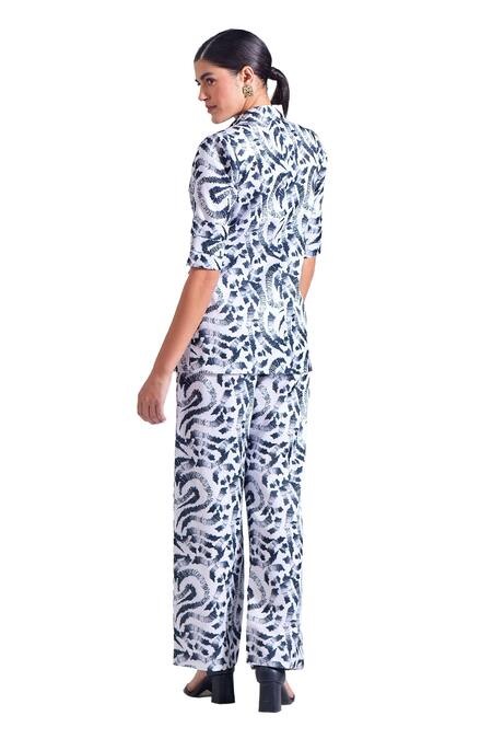 Shop Zosia Black Linen, Satin Collared Braga Abstract Leaf Print Shirt And Pant Set Shop_Zosia_Black Linen, Satin Collared Braga Abstract Leaf Print Shirt And Pant Set