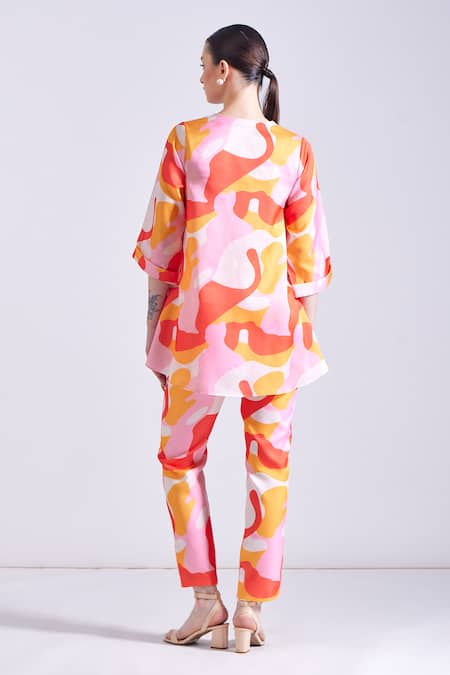 Shop Zosia Multi Color Linen, Satin Round Neck Claire Abstract Print Shirt And Pant Set at Aza Fashions Shop_Zosia_Multi Color Linen, Satin Round Neck Claire Abstract Print Shirt And Pant Set _at_Aza_Fashions