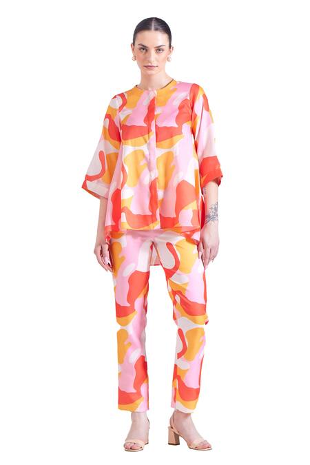Shop Zosia Multi Color Linen, Satin Round Neck Claire Abstract Print Shirt And Pant Set Online at Aza Fashions Shop_Zosia_Multi Color Linen, Satin Round Neck Claire Abstract Print Shirt And Pant Set _Online_at_Aza_Fashions