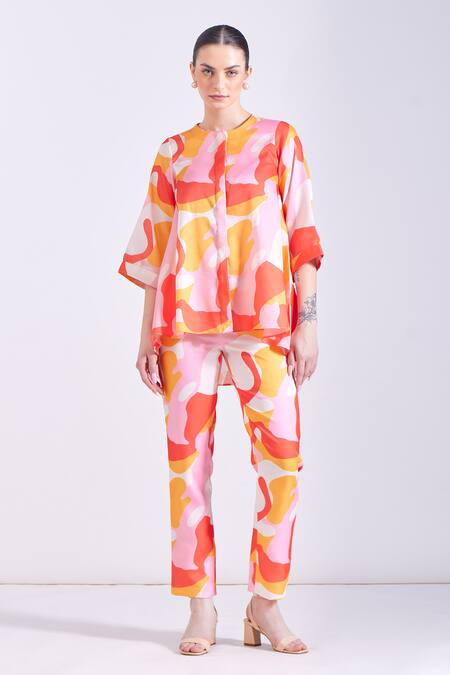 Zosia Multi Color Linen, Satin Round Neck Claire Abstract Print Shirt And Pant Set at Aza Fashions Zosia_Multi Color Linen, Satin Round Neck Claire Abstract Print Shirt And Pant Set _at_Aza_Fashions