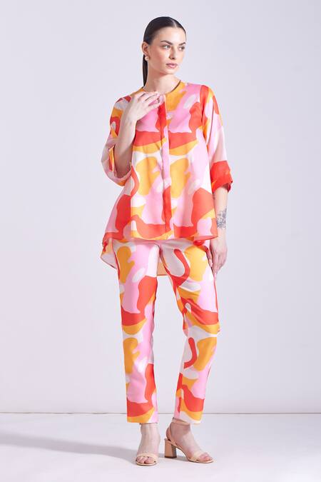 Buy Zosia Multi Color Linen, Satin Round Neck Claire Abstract Print Shirt And Pant Set Buy_Zosia_Multi Color Linen, Satin Round Neck Claire Abstract Print Shirt And Pant Set