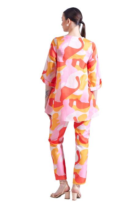 Shop Zosia Multi Color Linen, Satin Round Neck Claire Abstract Print Shirt And Pant Set Shop_Zosia_Multi Color Linen, Satin Round Neck Claire Abstract Print Shirt And Pant Set