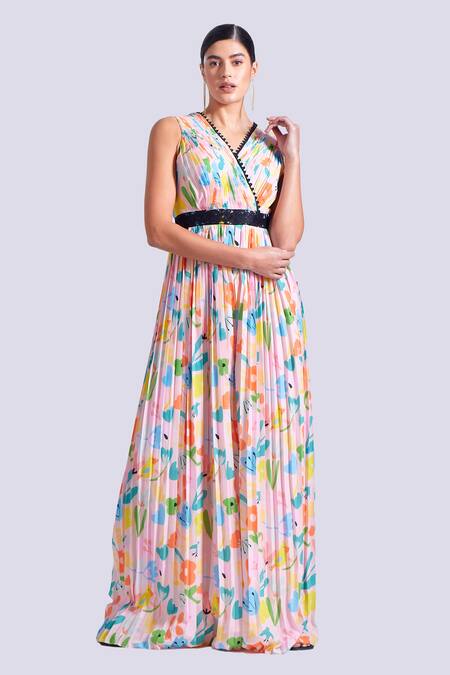 Zosia_Pink Satin, Georgette Lace V-neck Costa Abstract Pleated Yoke Printed Jumpsuit _Online_at_Aza_Fashions