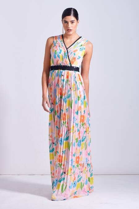 Buy_Zosia_Pink Satin, Georgette Lace V-neck Costa Abstract Pleated Yoke Printed Jumpsuit _Online_at_Aza_Fashions