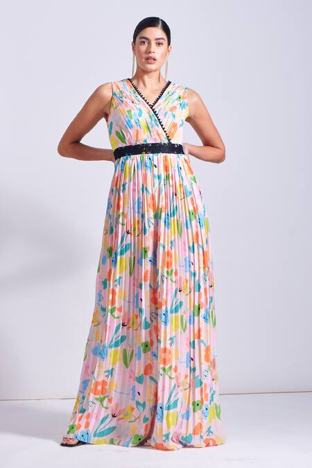 Shop_Zosia_Pink Satin, Georgette Lace V-neck Costa Abstract Pleated Yoke Printed Jumpsuit _Online_at_Aza_Fashions