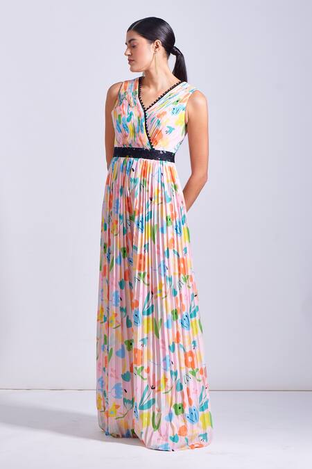 Zosia_Pink Satin, Georgette Lace V-neck Costa Abstract Pleated Yoke Printed Jumpsuit _at_Aza_Fashions