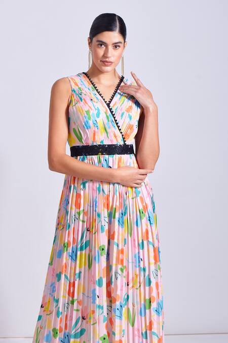 Buy_Zosia_Pink Satin, Georgette Lace V-neck Costa Abstract Pleated Yoke Printed Jumpsuit 