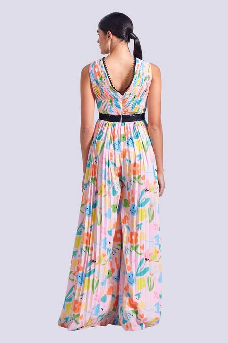 Shop_Zosia_Pink Satin, Georgette Lace V-neck Costa Abstract Pleated Yoke Printed Jumpsuit 