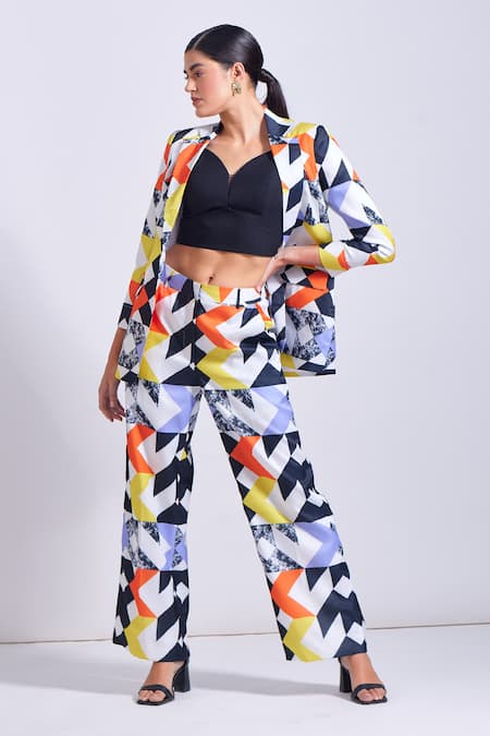 Buy Zosia Multi Color Linen, Satin Chelsea Abstract Print Blazer And Pant Set Buy_Zosia_Multi Color Linen, Satin Chelsea Abstract Print Blazer And Pant Set