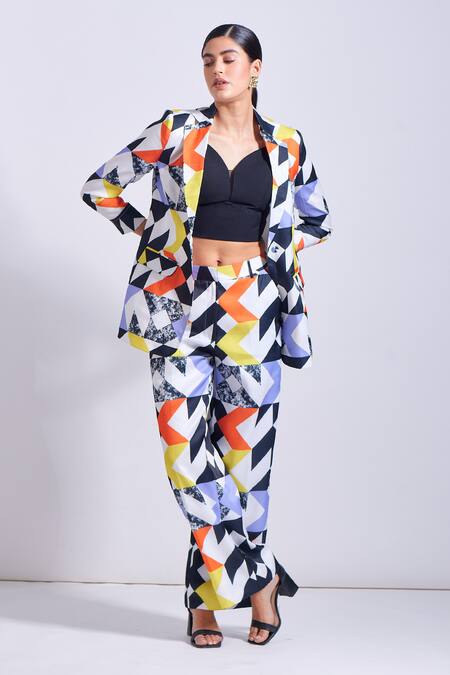 Shop Zosia Multi Color Linen, Satin Chelsea Abstract Print Blazer And Pant Set Shop_Zosia_Multi Color Linen, Satin Chelsea Abstract Print Blazer And Pant Set