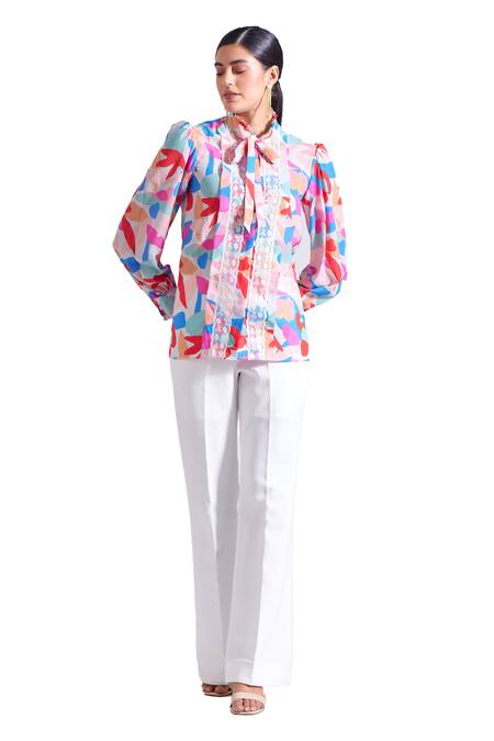 Zosia Multi Color Satin, Georgette High Neck Canary Abstract Print Shirt Online at Aza Fashions Zosia_Multi Color Satin, Georgette High Neck Canary Abstract Print Shirt _Online_at_Aza_Fashions