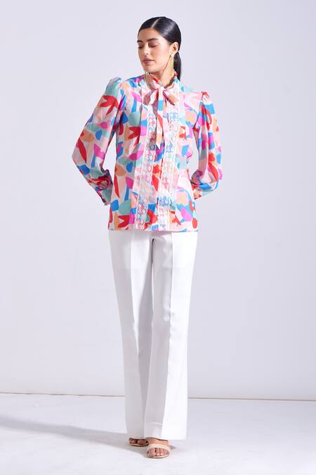 Buy Zosia Multi Color Satin, Georgette High Neck Canary Abstract Print Shirt Online at Aza Fashions Buy_Zosia_Multi Color Satin, Georgette High Neck Canary Abstract Print Shirt _Online_at_Aza_Fashions