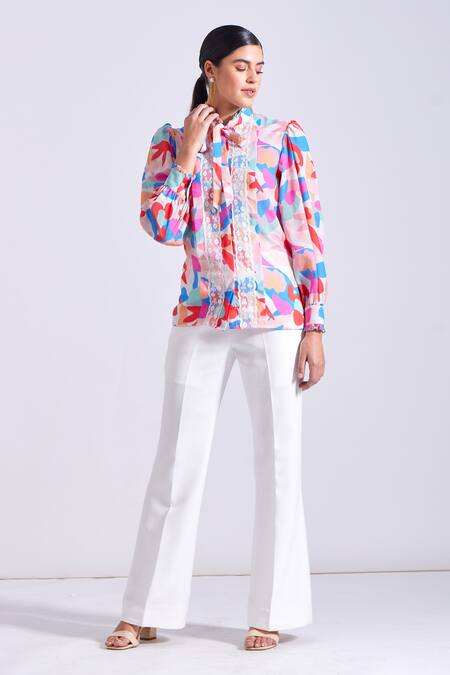 Shop Zosia Multi Color Satin, Georgette High Neck Canary Abstract Print Shirt Online at Aza Fashions Shop_Zosia_Multi Color Satin, Georgette High Neck Canary Abstract Print Shirt _Online_at_Aza_Fashions