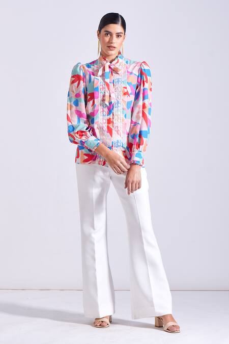 Zosia Multi Color Satin, Georgette High Neck Canary Abstract Print Shirt at Aza Fashions Zosia_Multi Color Satin, Georgette High Neck Canary Abstract Print Shirt _at_Aza_Fashions