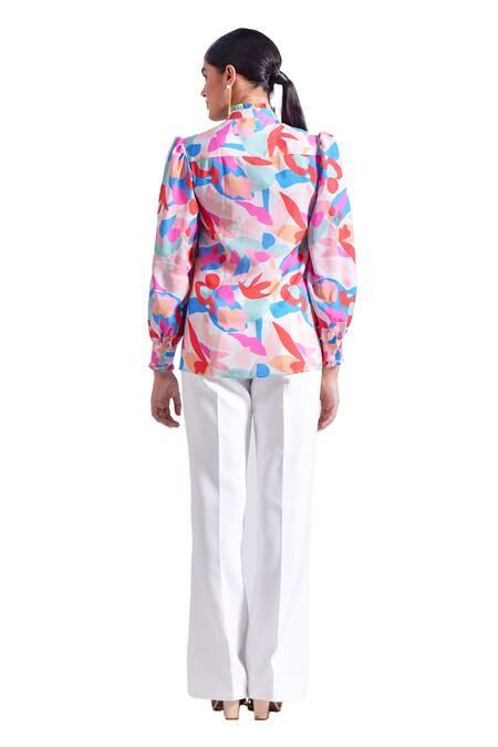 Buy Zosia Multi Color Satin, Georgette High Neck Canary Abstract Print Shirt Buy_Zosia_Multi Color Satin, Georgette High Neck Canary Abstract Print Shirt