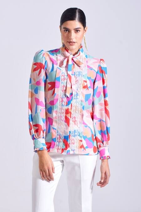 Shop Zosia Multi Color Satin, Georgette High Neck Canary Abstract Print Shirt Shop_Zosia_Multi Color Satin, Georgette High Neck Canary Abstract Print Shirt