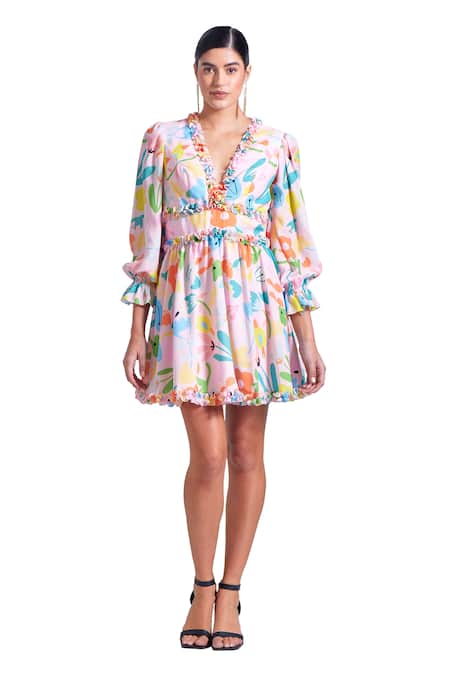 Zosia_Pink Georgette, Satin V-neck Elva Floral Print Dress _Online_at_Aza_Fashions