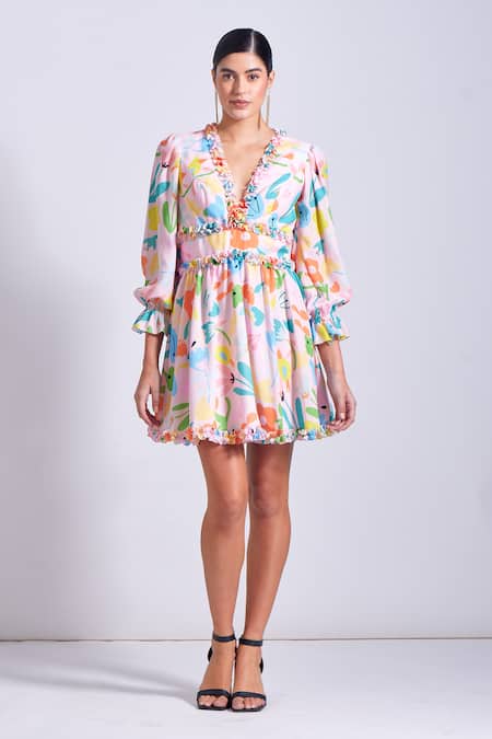 Buy_Zosia_Pink Georgette, Satin V-neck Elva Floral Print Dress _Online_at_Aza_Fashions