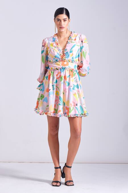Shop_Zosia_Pink Georgette, Satin V-neck Elva Floral Print Dress _Online_at_Aza_Fashions