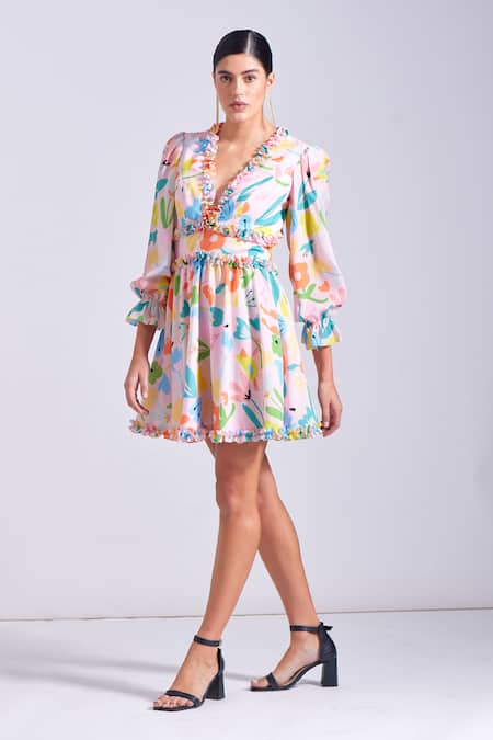 Zosia_Pink Georgette, Satin V-neck Elva Floral Print Dress _at_Aza_Fashions
