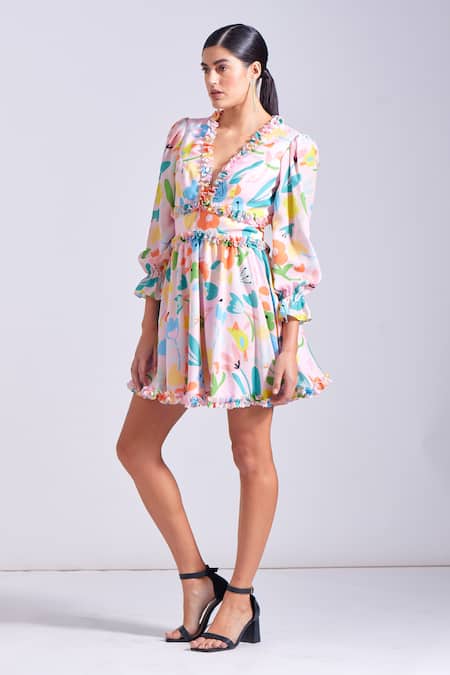 Buy_Zosia_Pink Georgette, Satin V-neck Elva Floral Print Dress 