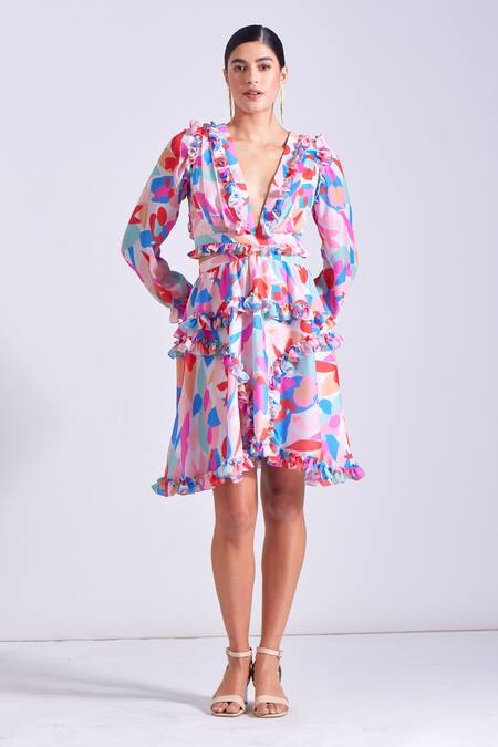 Zosia_Multi Color Georgette, Satin Fringe V-neck Emma Floral Print Ruffled Dress _Online_at_Aza_Fashions