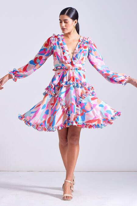 Buy_Zosia_Multi Color Georgette, Satin Fringe V-neck Emma Floral Print Ruffled Dress _Online_at_Aza_Fashions