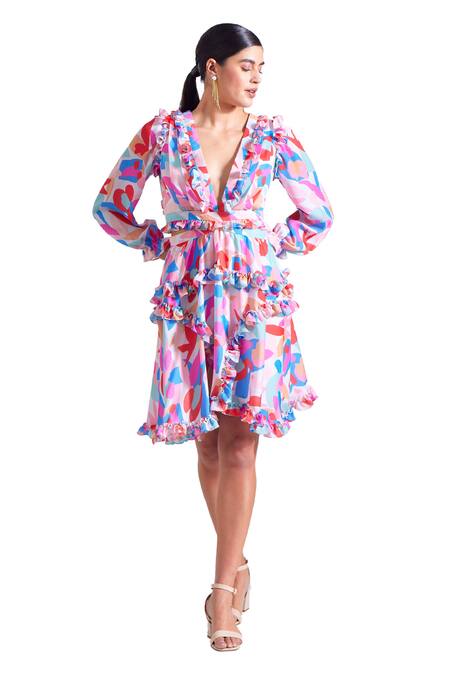 Shop_Zosia_Multi Color Georgette, Satin Fringe V-neck Emma Floral Print Ruffled Dress _Online_at_Aza_Fashions