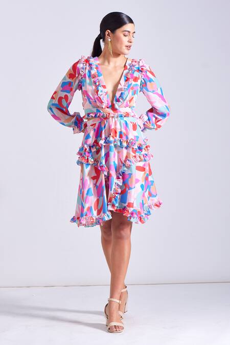 Zosia_Multi Color Georgette, Satin Fringe V-neck Emma Floral Print Ruffled Dress _at_Aza_Fashions