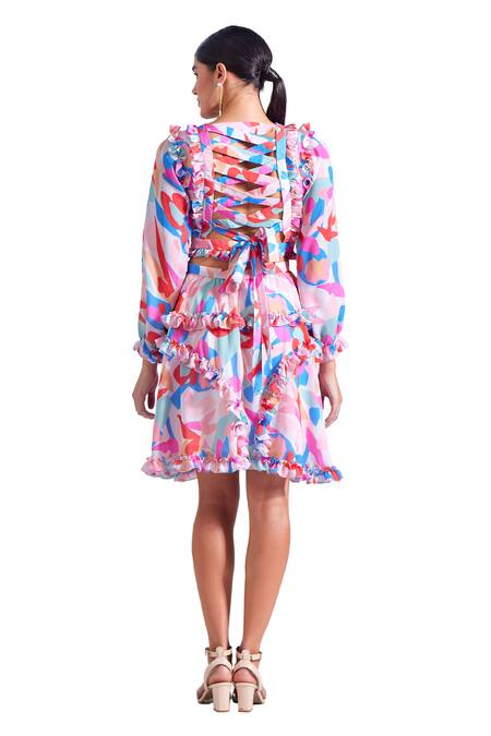 Buy_Zosia_Multi Color Georgette, Satin Fringe V-neck Emma Floral Print Ruffled Dress 