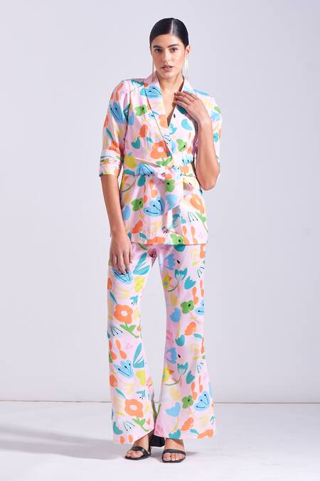 Zosia_Pink Linen, Satin Frida Floral Print Blazer And Pant Set _Online_at_Aza_Fashions