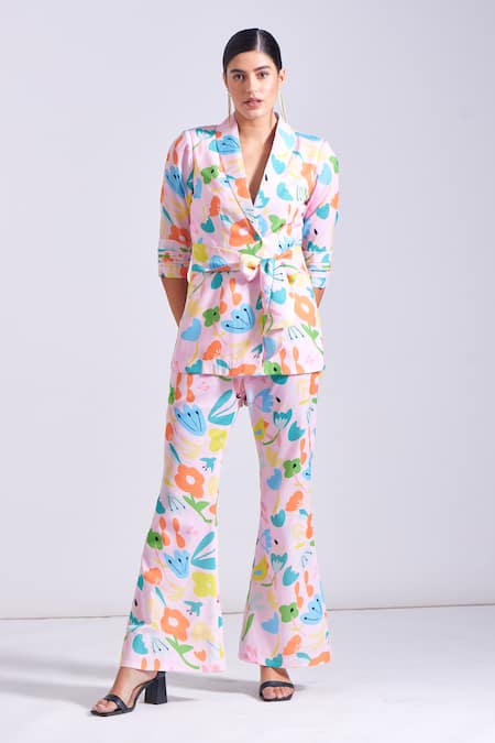Zosia_Pink Linen, Satin Frida Floral Print Blazer And Pant Set _at_Aza_Fashions