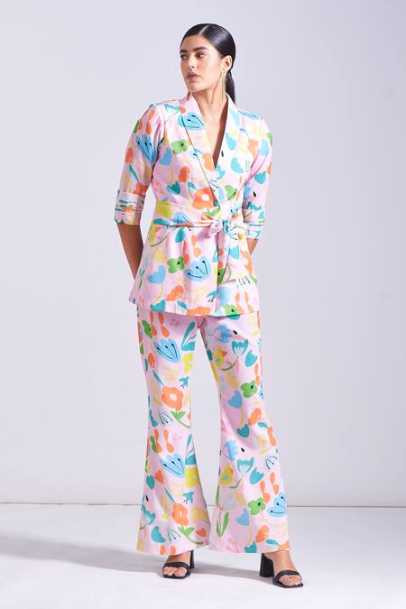 Buy_Zosia_Pink Linen, Satin Frida Floral Print Blazer And Pant Set 