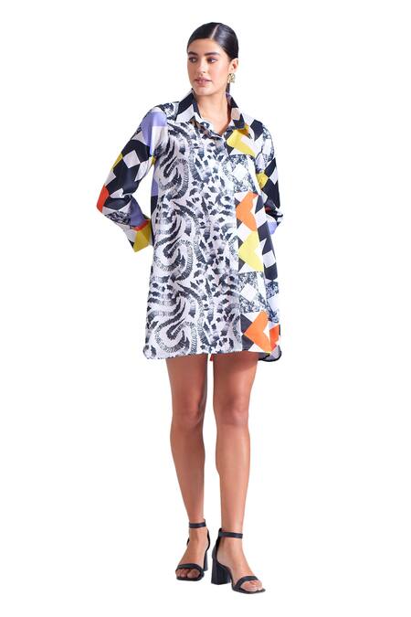 Zosia_Multi Color Linen, Satin Collared Flavia Abstract Print Shirt Dress _Online_at_Aza_Fashions