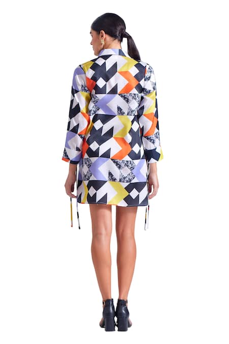 Zosia_Multi Color Linen, Satin Collared Flavia Abstract Print Shirt Dress _at_Aza_Fashions