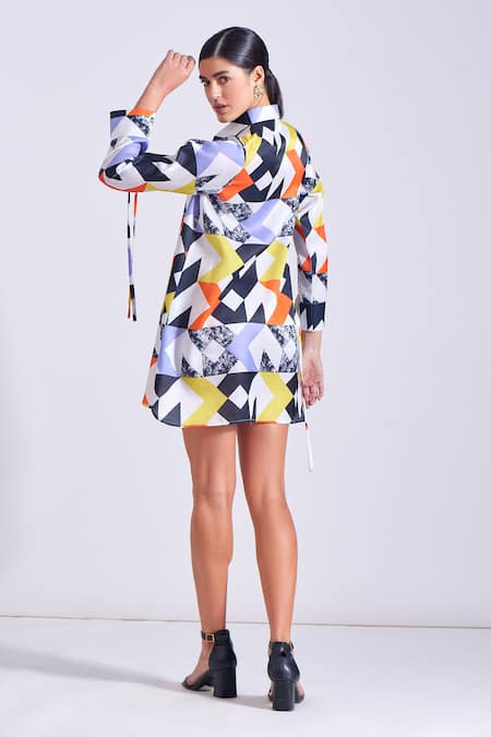 Buy_Zosia_Multi Color Linen, Satin Collared Flavia Abstract Print Shirt Dress 