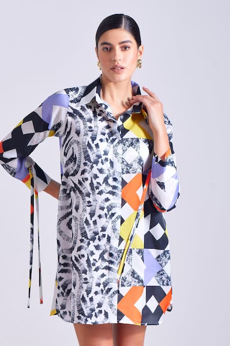 Shop_Zosia_Multi Color Linen, Satin Collared Flavia Abstract Print Shirt Dress 