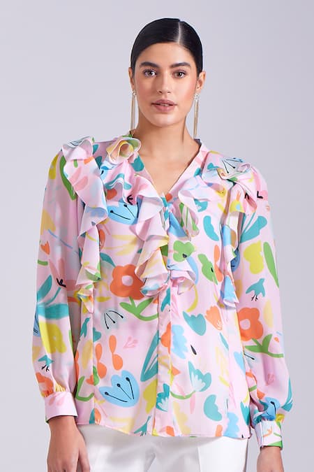 Zosia Pink Georgette Ruffles V-neck Inca Floral Print Top And Pant Set Online at Aza Fashions Zosia_Pink Georgette Ruffles V-neck Inca Floral Print Top And Pant Set _Online_at_Aza_Fashions