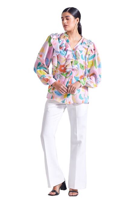 Shop Zosia Pink Georgette Ruffles V-neck Inca Floral Print Top And Pant Set Online at Aza Fashions Shop_Zosia_Pink Georgette Ruffles V-neck Inca Floral Print Top And Pant Set _Online_at_Aza_Fashions