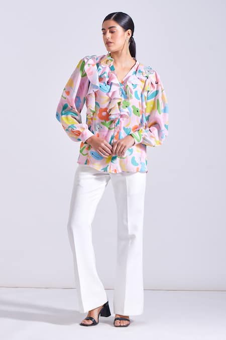 Zosia Pink Georgette Ruffles V-neck Inca Floral Print Top And Pant Set at Aza Fashions Zosia_Pink Georgette Ruffles V-neck Inca Floral Print Top And Pant Set _at_Aza_Fashions