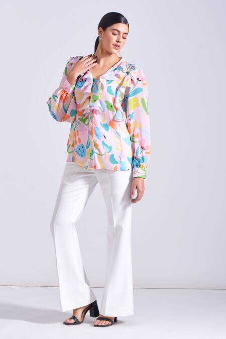Buy Zosia Pink Georgette Ruffles V-neck Inca Floral Print Top And Pant Set Buy_Zosia_Pink Georgette Ruffles V-neck Inca Floral Print Top And Pant Set