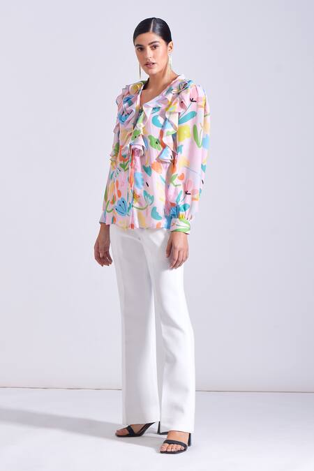 Shop Zosia Pink Georgette Ruffles V-neck Inca Floral Print Top And Pant Set Shop_Zosia_Pink Georgette Ruffles V-neck Inca Floral Print Top And Pant Set