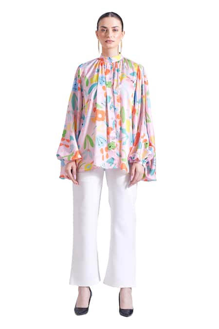 Buy_Zosia_Pink Georgette Embroidery Bandeau Neck Jasper Floral Print Shirt _Online_at_Aza_Fashions