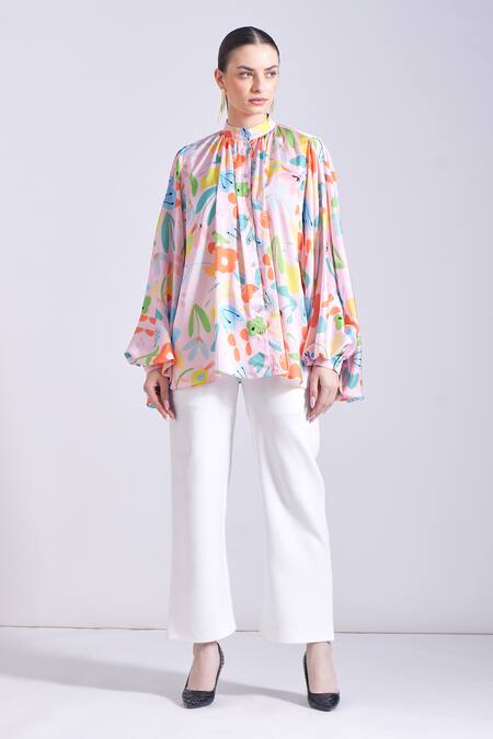 Shop_Zosia_Pink Georgette Embroidery Bandeau Neck Jasper Floral Print Shirt _Online_at_Aza_Fashions