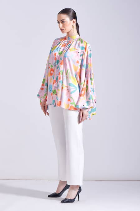 Zosia_Pink Georgette Embroidery Bandeau Neck Jasper Floral Print Shirt _at_Aza_Fashions