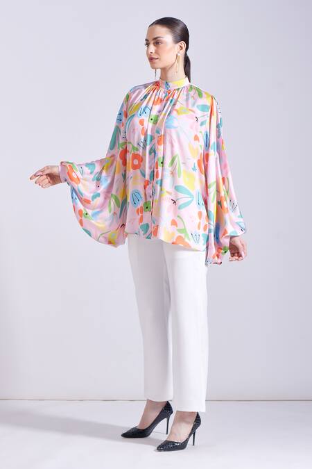 Buy_Zosia_Pink Georgette Embroidery Bandeau Neck Jasper Floral Print Shirt 