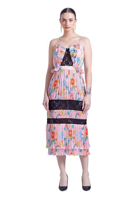Zosia_Pink Georgette, Satin Lace Sweetheart Neck Kas Floral Print Pleated Dress _Online_at_Aza_Fashions