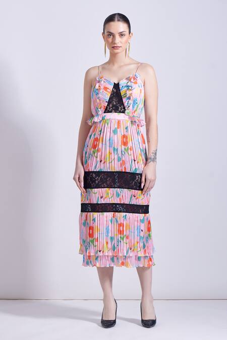 Buy_Zosia_Pink Georgette, Satin Lace Sweetheart Neck Kas Floral Print Pleated Dress _Online_at_Aza_Fashions