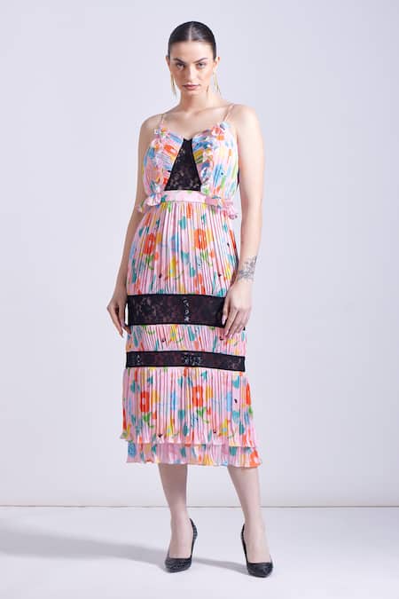 Shop_Zosia_Pink Georgette, Satin Lace Sweetheart Neck Kas Floral Print Pleated Dress _Online_at_Aza_Fashions