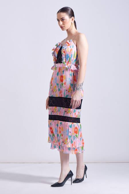Zosia_Pink Georgette, Satin Lace Sweetheart Neck Kas Floral Print Pleated Dress _at_Aza_Fashions